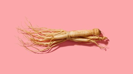 Fresh roots tied together on a pink background in a simple presentation