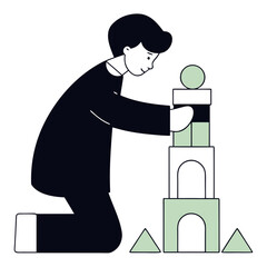 Child building a block tower with a playful and focused demeanor