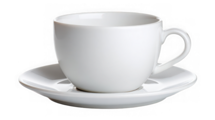 White ceramic coffee cup and saucer isolated on transparent background