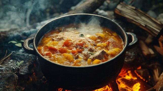 Steaming Campfire Stew Cooking in Cast Iron Pot