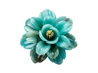 Exquisite carved turquoise stone flower brooch with intricate petals, an aqua-colored decorative blossom isolated on a pure white background, showcasing exquisite craftsmanship and natural beauty