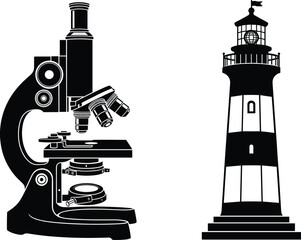 Vector Silhouette Duet of a Detailed Optical Microscope and a Classic Striped Lighthouse, Representing the Contrast Between Scientific Research, Discovery, Coastal Navigation, and Guidance