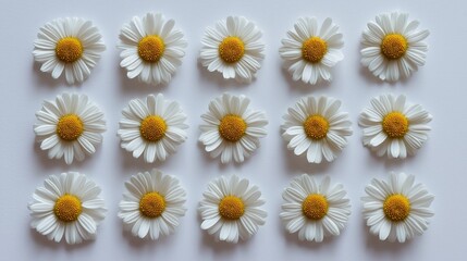 Fototapeta premium Colorful daisies arranged in a neat pattern on a plain white background