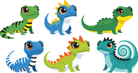 Cute Cartoon Vector Collection of Stylized Lizards and Geckos, Featuring Bright Colors, Spikes, and Unique Patterns in Blue, Green, and Turquoise, Ideal for Children's Design