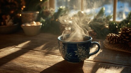 A serene Christmas morning setup with a hot coffee releasing soft smoke on a wooden surface, illuminated by warm natural light and complemented by holiday accents that evoke comfort and celebration