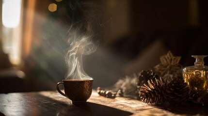 A serene Christmas morning setup with a hot coffee releasing soft smoke on a wooden surface, illuminated by warm natural light and complemented by holiday accents that evoke comfort and celebration