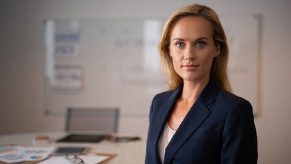 Financial consultant woman in a tailored blazer stands in a modern office.