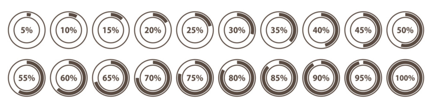 Set of round orange infographic pie charts, template segment of circle icons 0% - 100%, simple flat design loading data interface elements app button ui ux web, vector isolated on white background