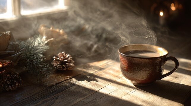 A serene Christmas morning setup with a hot coffee releasing soft smoke on a wooden surface, illuminated by warm natural light and complemented by holiday accents that evoke comfort and celebration