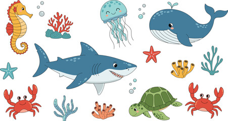 Naklejka premium Cute Cartoon Vector Collection of Sea Animals and Coral Reef Life, Featuring a Shark, Whale, Seahorse, Jellyfish, Crabs, Turtle, and Starfish, Ideal for Children's Ocean Themes