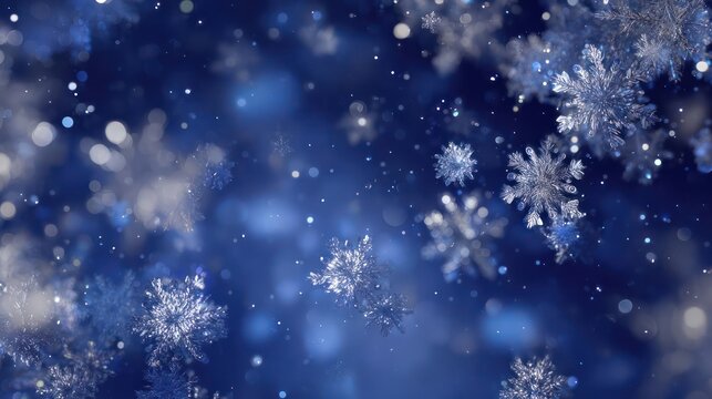 Beautifully detailed snowflakes falling gently against a dark magical blue background with soft bokeh lights