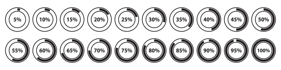 Infographics elements. Percentage round diagrams icons for infographics from 0 to 100 percent. Colour fill divided pie charts indicators in green, grey. Circle graph loading progress mockup.