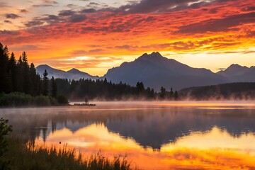 Golden Sunset Over Mountain Lake With Reflections And Mist Across Serene Forest Shoreline

