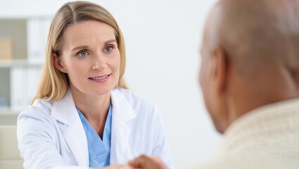 Fototapeta premium Close-up doctor smiles while discussing care with a patient in a bright clinic.