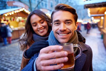 two friends share cozy moment at a festive Christmas outdoor market today.