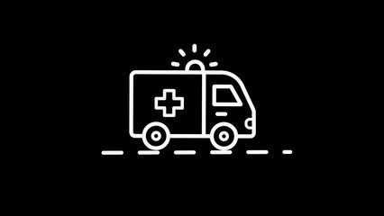 White line art ambulance icon with flashing light and road markings on black background Keywords: ambulance, emergency, medical, transport, vehicle, icon, symbol, healthcare, rescue, help, siren