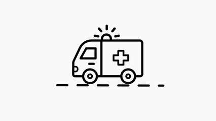 White line art ambulance icon with flashing light and road markings on white background Keywords: ambulance, emergency, medical, transport, vehicle, icon, symbol, healthcare, rescue, help, siren