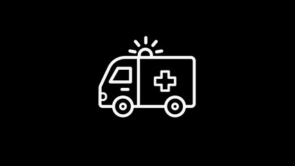 White outline icon of an ambulance with flashing lights and a cross symbol on black emergency vehicle