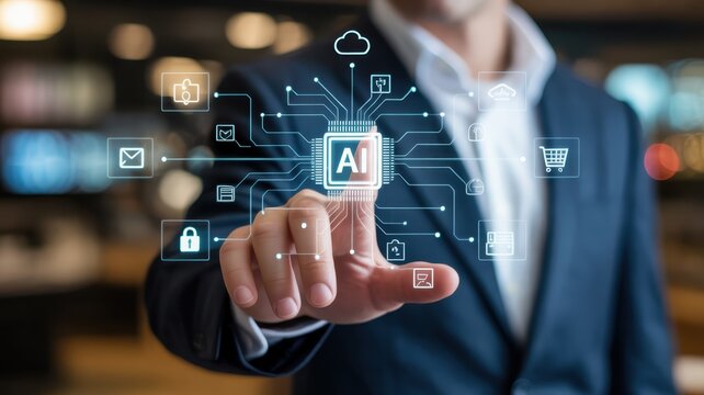 Professional interacting with a holographic artificial intelligence interface depicting connected services