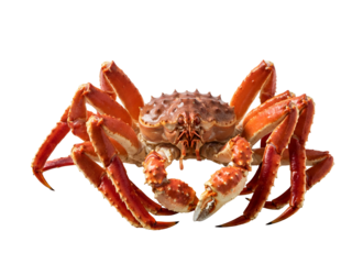 Whole steamed red king crab, a gourmet seafood delicacy, presented with its spiny shell and large claws on a clean white background
