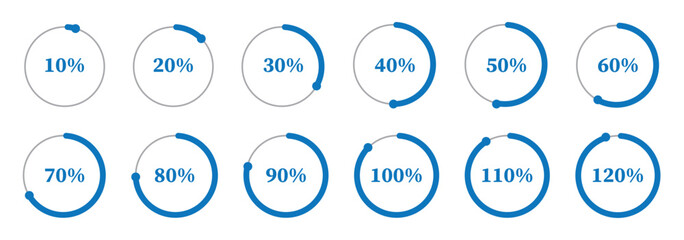 Template of dark blue and gray color fill pie charts indicator. Circle diagrams icons for infographics from 100 to 0 percent. Set of round graph loading progress. Blue progress bars. Round percentage