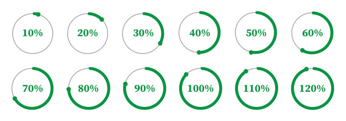 Template of dark blue and gray color fill pie charts indicator. Circle diagrams icons for infographics from 100 to 0 percent. Set of round graph loading progress. Blue progress bars. Round percentage