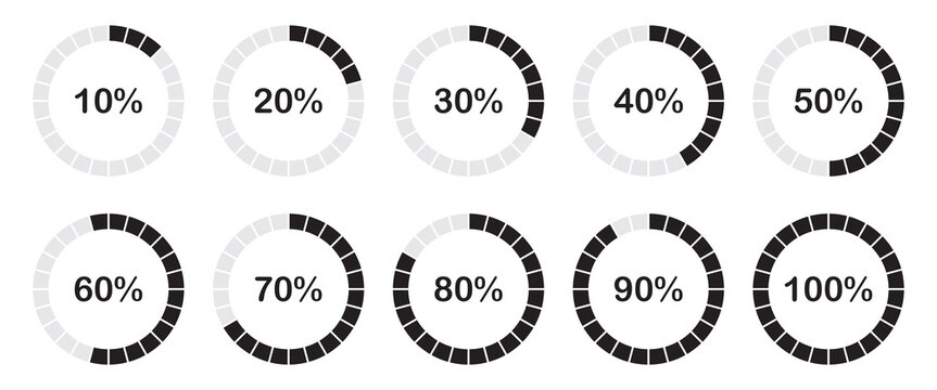 Infographics elements. Percentage round diagrams icons for infographics from 0 to 100 percent. Colour fill divided pie charts indicators in green, grey. Circle graph loading progress mockup.