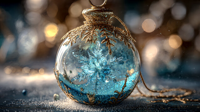 This unique Christmas ornament is shaped like a mini lantern ball, containing a glowing ice-blue snowflake hanging from the center. The frosted glass ball has a delicate gold edge. - Powered by Adobe