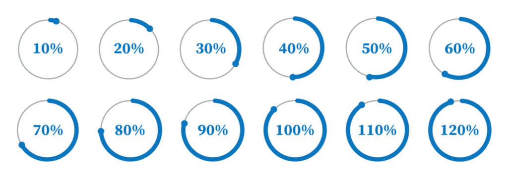 Template of dark blue and gray color fill pie charts indicator. Circle diagrams icons for infographics from 100 to 0 percent. Set of round graph loading progress. Blue progress bars. Round percentage