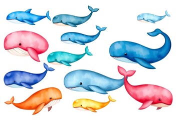A whimsical set of watercolor painted whales, various sizes and poses, on white background,   wash,   subaqua