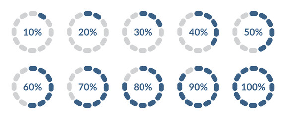Set of round colorful infographic pie charts, template segment of circle icons 0% - 100%, simple flat design loading data interface elements app button ui ux web, vector isolated on white background