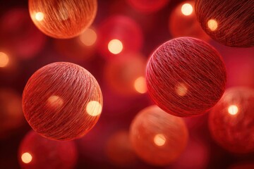 Abstract close up of glowing red spherical cells with intricate textured surfaces illuminated from within