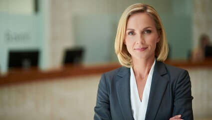 Bank employee faces the camera in a polished corporate portrait setting
