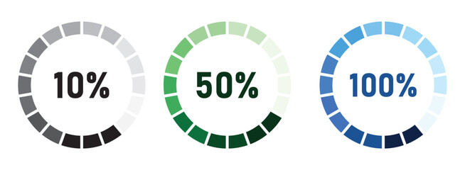 Pie chart full set. pie charts displaying progress from 0% to 100%, perfect for data visualization, infographics, and loading indicators.
