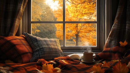 Autumn: A cozy window seat with plush cushions, a plaid wool blanket, a steaming mug, and a view of golden autumn leaves outside, serene and warm, hygge aesthetic, photorealistic.