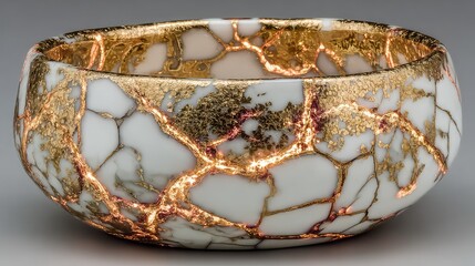 modern, minimalist kintsugi bowl, repaired with glowing gold, symbolizing resilience and finding beauty in imperfection after a crisis 