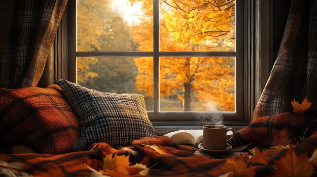 Autumn: A cozy window seat with plush cushions, a plaid wool blanket, a steaming mug, and a view of golden autumn leaves outside, serene and warm, hygge aesthetic, photorealistic.