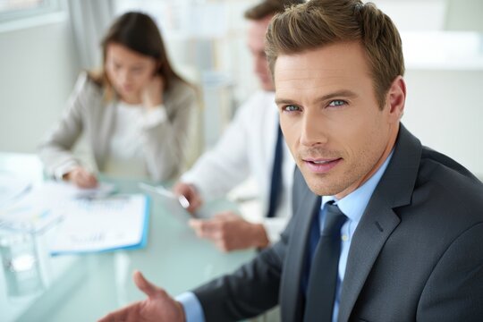 Financial advisor explains strategy to clients in a bright, modern meeting room. - Powered by Adobe