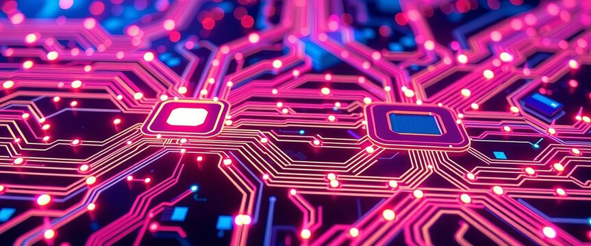 Futuristic circuit board with glowing nodes and lines, interface, innovation - Powered by Adobe