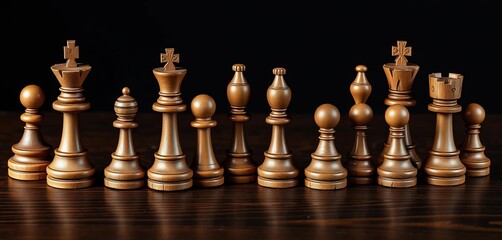 Intricately carved wooden chess pieces on a dark wood surface, close-up, light