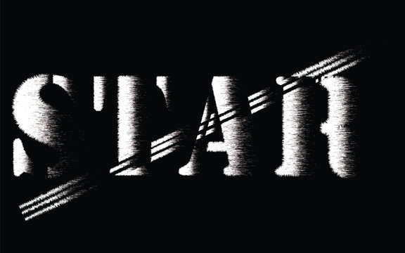 glitch textured star typography in bold white on black, distorted grunge star text with streaked line effects, abstract noisy star lettering design in high contrast