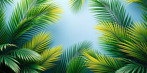 Tropical palm leaves create a lush, vibrant frame,  artwork,  holiday