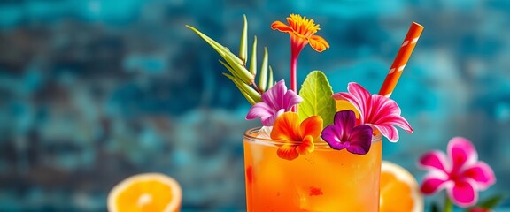 Vibrant tropical cocktail garnished with fruit and flowers,  drink,  tropical