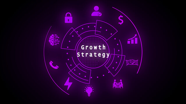 Purple Growth Strategy Diagram with Business and Technology Icons marketing planning