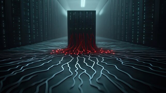 network of glowing, organic-looking cables, like roots of a tree, plugged into a monolithic server, symbolizing the organic nature of modern networks, dark, moody, cinematic. - Powered by Adobe