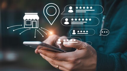 Person interacting with a mobile device displaying icons related to business location and customer feedback systems