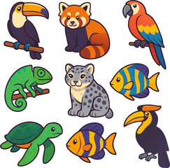 Obraz premium Colorful cartoon animals illustration featuring a toucan red panda macaw chameleon snow leopard fish turtle and hornbill on a white background