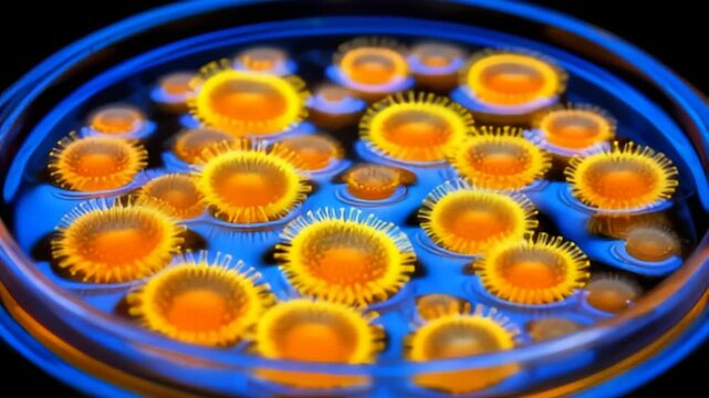 Fluorescent microorganisms or fungal colonies grow on agar in a petri dish, visualized under blue light, suggesting a time-lapse science experiment.