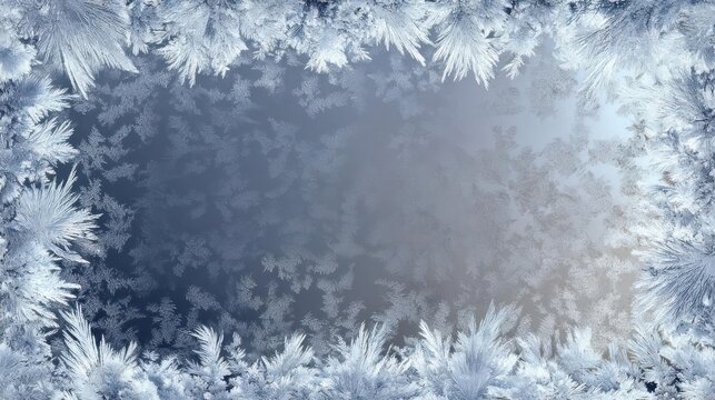 Close up of delicate frost crystals forming a natural icy border around a blurred frosty windowpane background