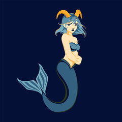 A cute mermaid girl with golden goat horns. Capricorn zodiac sign. Vector illustration.